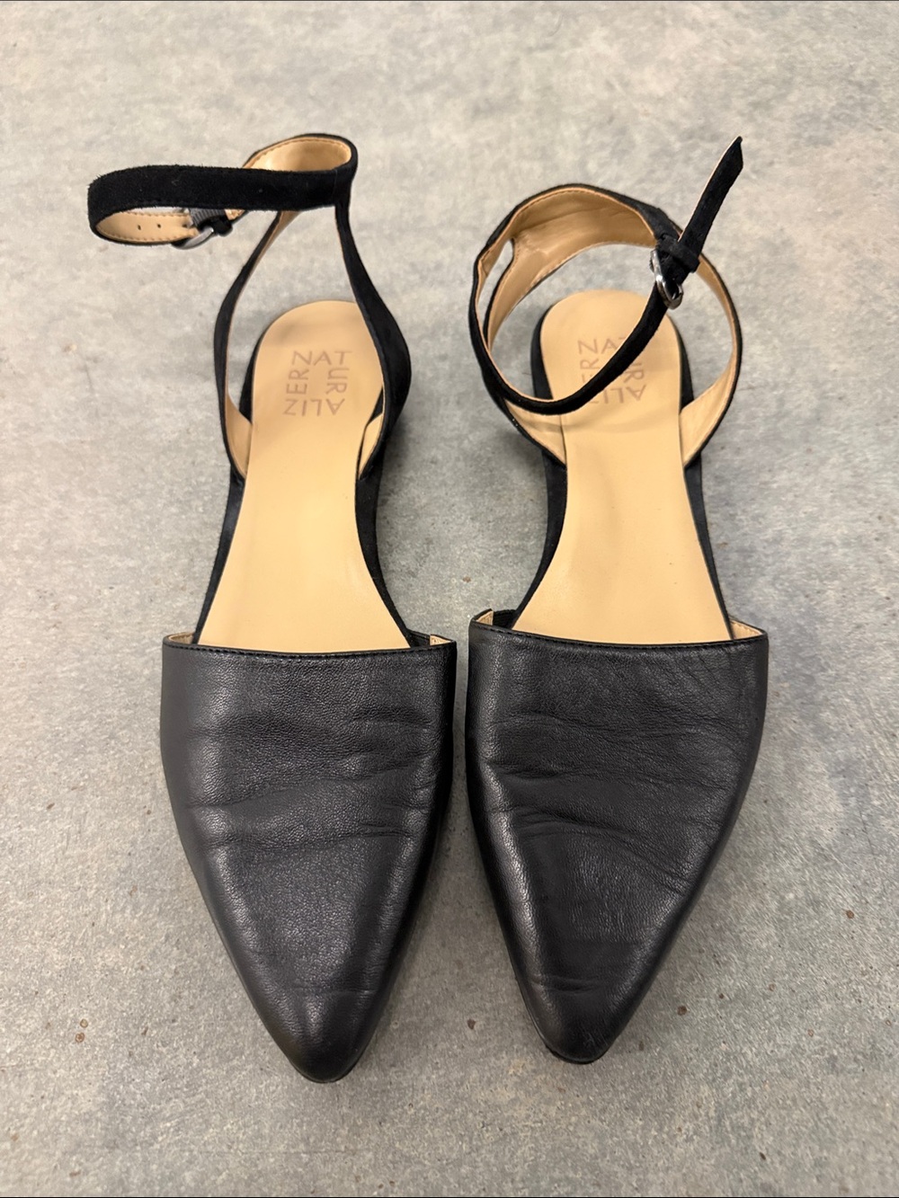 Naturalizer Black Pointed Leather Ankle-Strap Flats